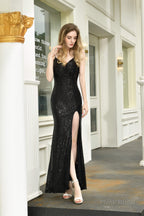 Mermaid V-Neck Spaghetti Straps Sequins Split Floor Length Prom Dresses