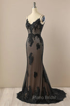 Black Mermaid V-neckline Straps Lace Party Dresses, Black Mermaid Formal Prom Dresses