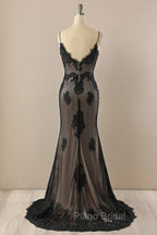 Black Mermaid V-neckline Straps Lace Party Dresses, Black Mermaid Formal Prom Dresses