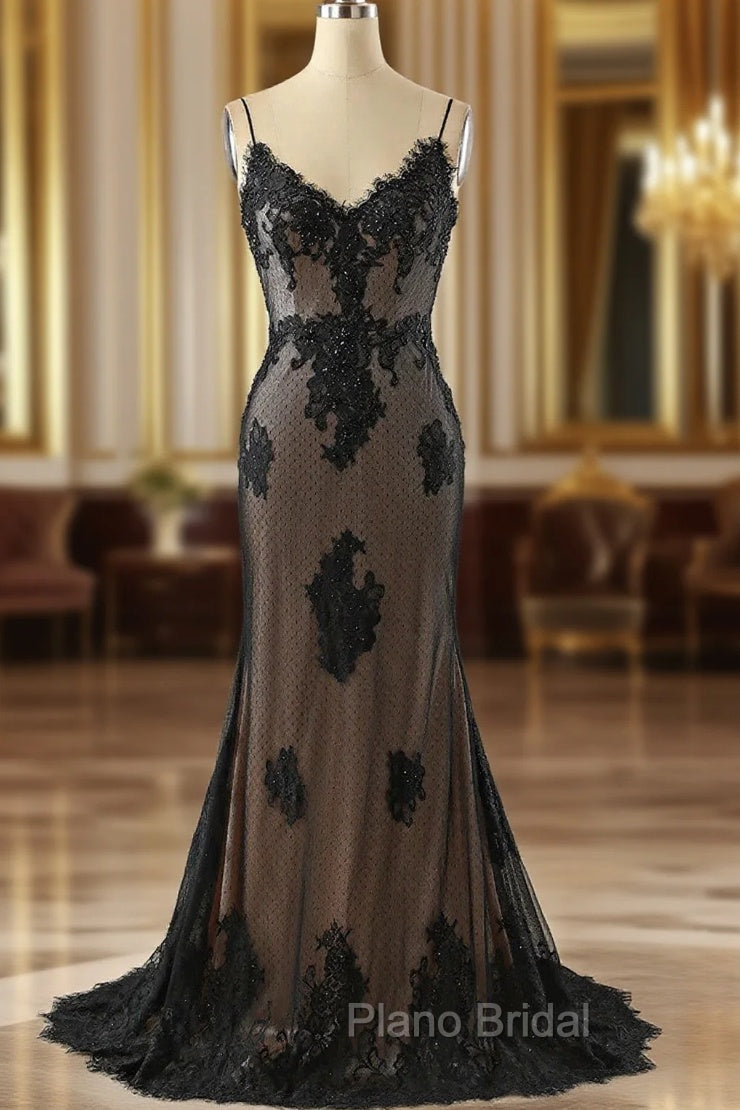 Black Mermaid V-neckline Straps Lace Party Dresses, Black Mermaid Formal Prom Dresses