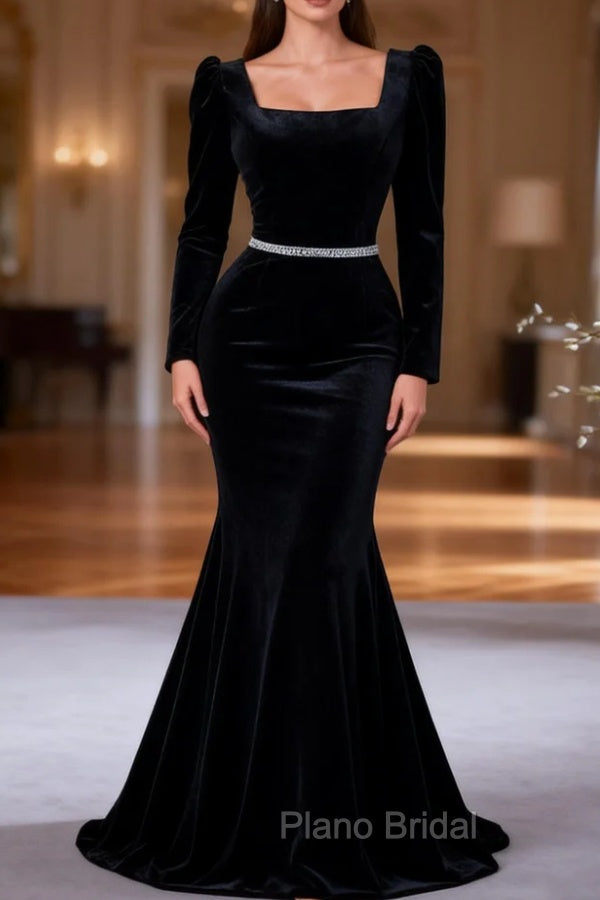 Black Mermaid Velvet Long Sleeve Formal Prom Dresses Main image