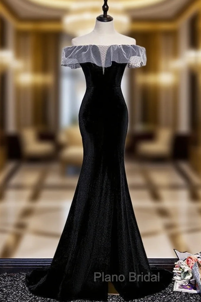 Black Mermaid Velvet Off the Shoulder Formal Prom Dresses