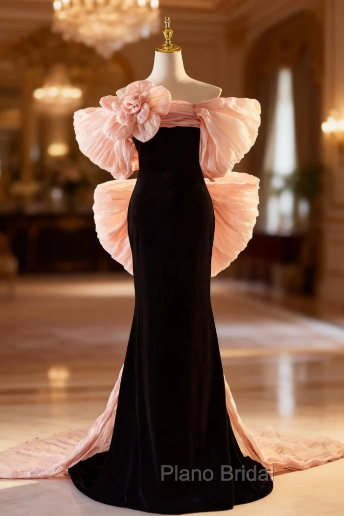 Black Mermaid Velvet Pink Bow Formal Prom Dresses Main image
