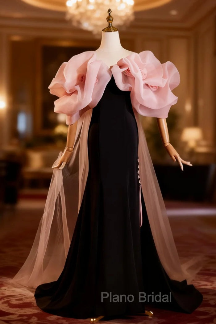Black Mermaid Velvet Pink Flower Formal Prom Dresses