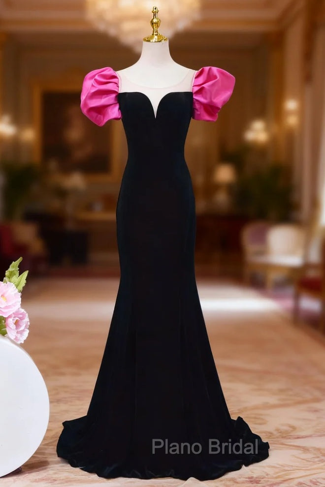 Black Mermaid Velvet Puff Sleeve Backless Formal Prom Dresses Main image