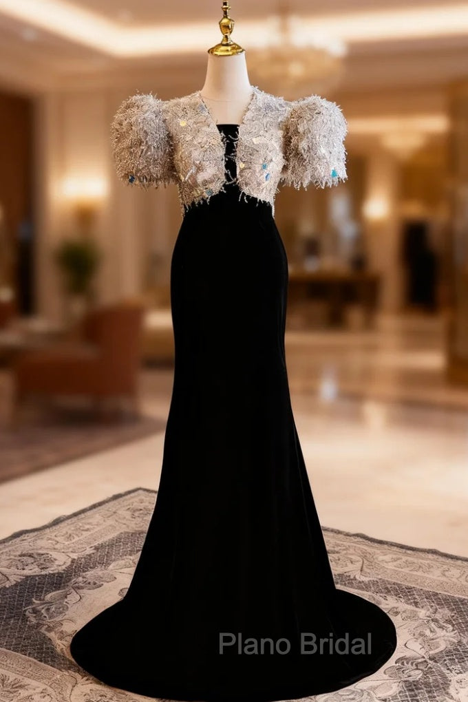 Black Mermaid Velvet Puff Sleeve Formal Prom Dresses Main image