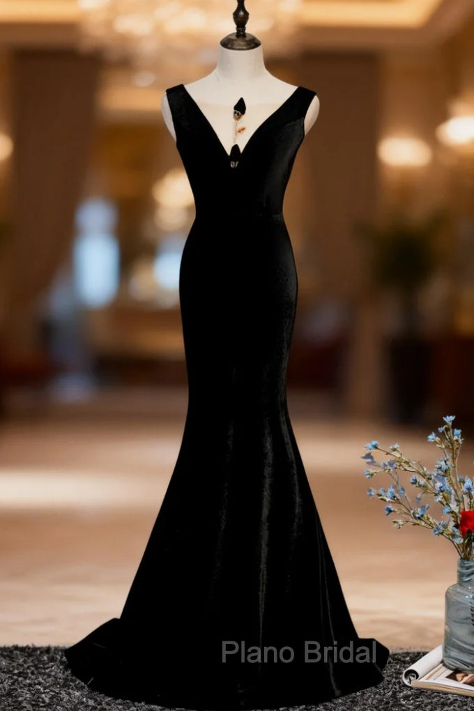 Black Mermaid Velvet See Through V-neck Formal Prom Dresses