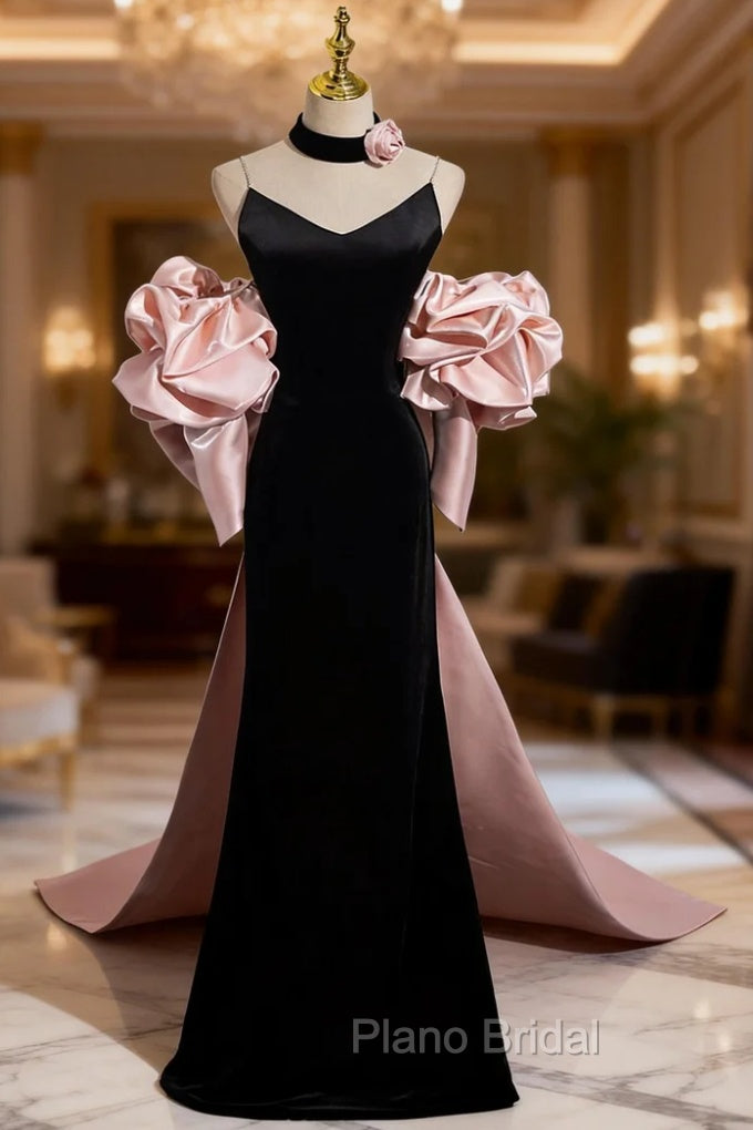Black Mermaid Velvet Spaghetti Straps Pink Flower Formal Prom Dresses Main image