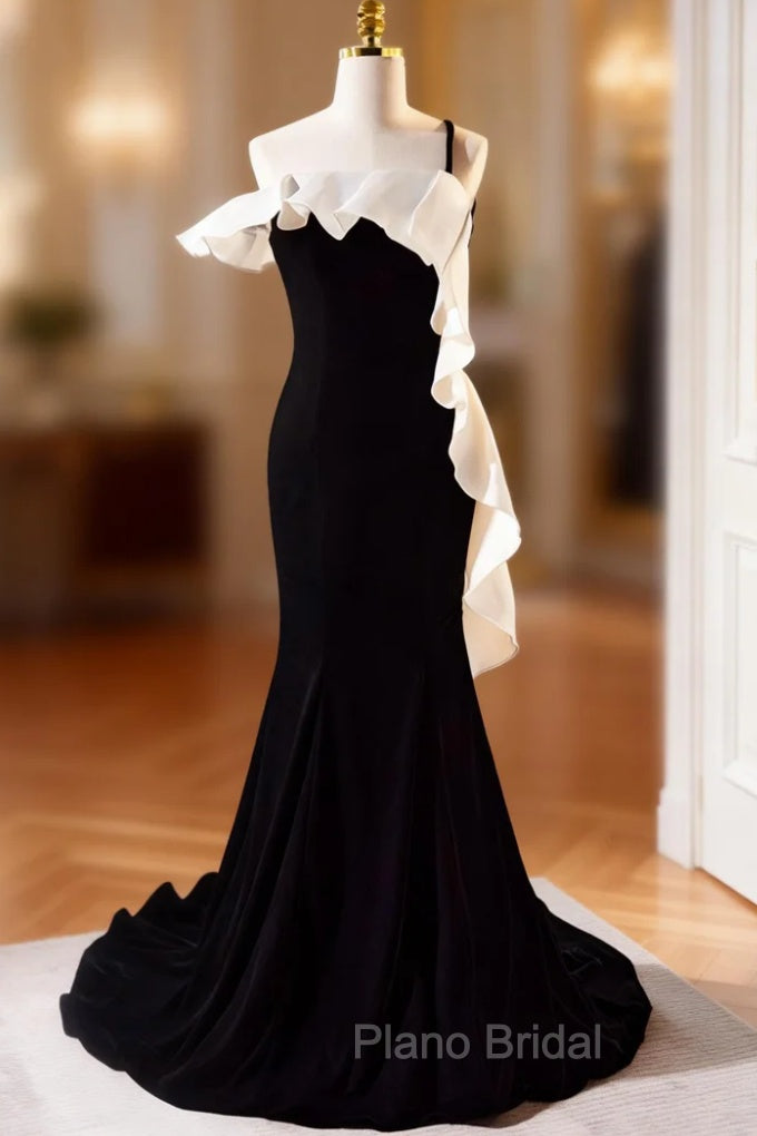 Black Mermaid Velvet Spaghetti Straps Formal Prom Dresses