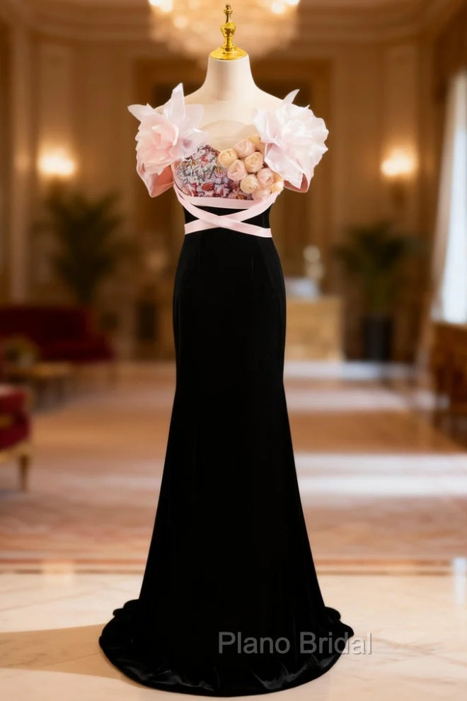 Black Mermaid Velvet Strapless Flower Formal Prom Dresses Main image