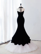 Black Mermaid Velvet Tulle Long Formal Prom Dresses, Black Prom Dresses