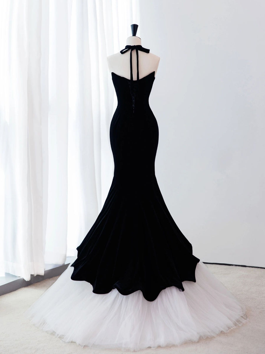 Black Mermaid Velvet Tulle Long Formal Prom Dresses, Black Prom Dresses