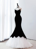 Black Mermaid Velvet Tulle Long Formal Prom Dresses, Black Prom Dresses