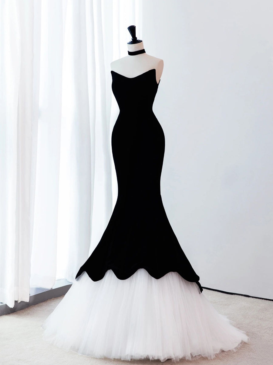 Black Mermaid Velvet Tulle Long Formal Prom Dresses, Black Prom Dresses