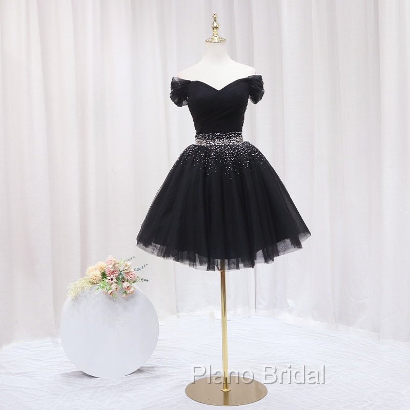 Black Off Shoulder Beaded Tulle Short Formal Prom Dresses, Black Homecoming Dresses Formal Dresses Secondary image