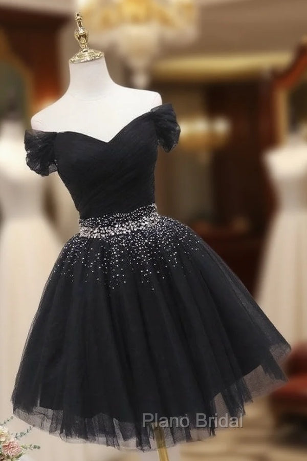 Black Off Shoulder Beaded Tulle Short Formal Prom Dresses, Black Homecoming Dresses Formal Dresses