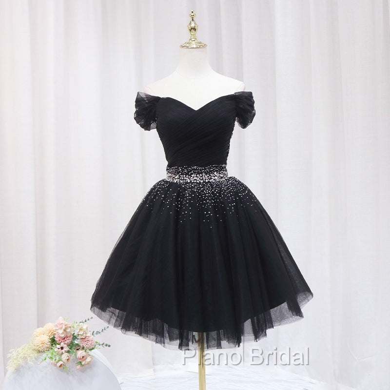 Black Off Shoulder Beaded Tulle Short Formal Prom Dresses, Black Homecoming Dresses Formal Dresses
