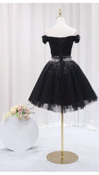 Black Off Shoulder Beaded Tulle Short Formal Prom Dresses, Black Homecoming Dresses Formal Dresses