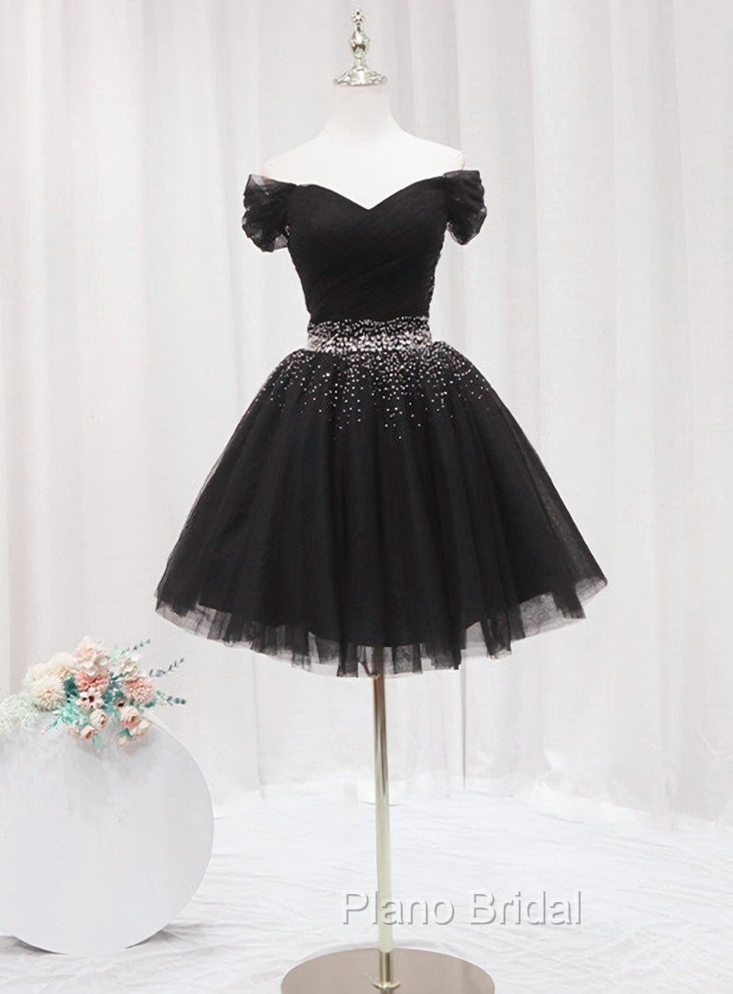 Black Off Shoulder Beaded Tulle Short Formal Prom Dresses, Black Homecoming Dresses Formal Dresses Main image