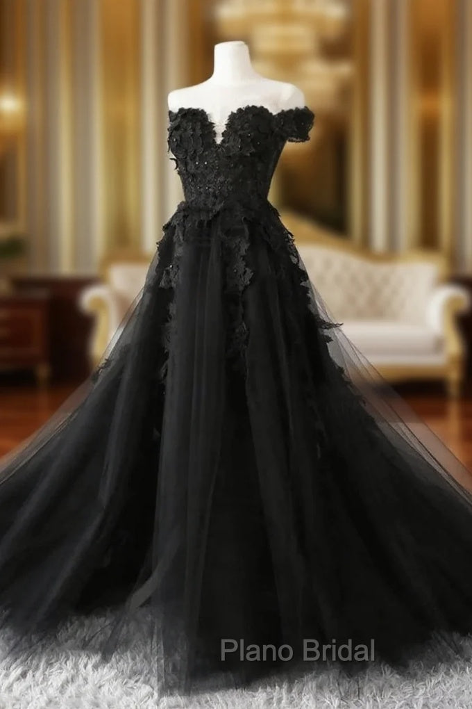 Black Off Shoulder Formal Dresses with Lace, Black Tulle Off Shoulder Formal Prom Dresses Main image