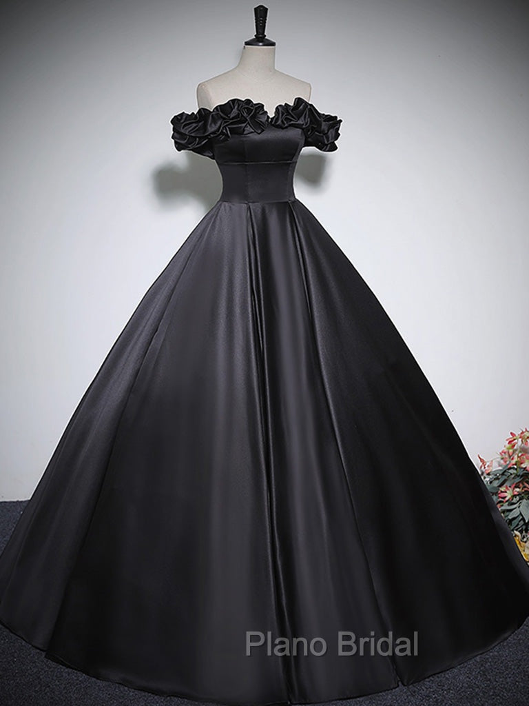 Black Off Shoulder Satin Long Formal Prom Dresses, Black Satin Evening Dresses Secondary image