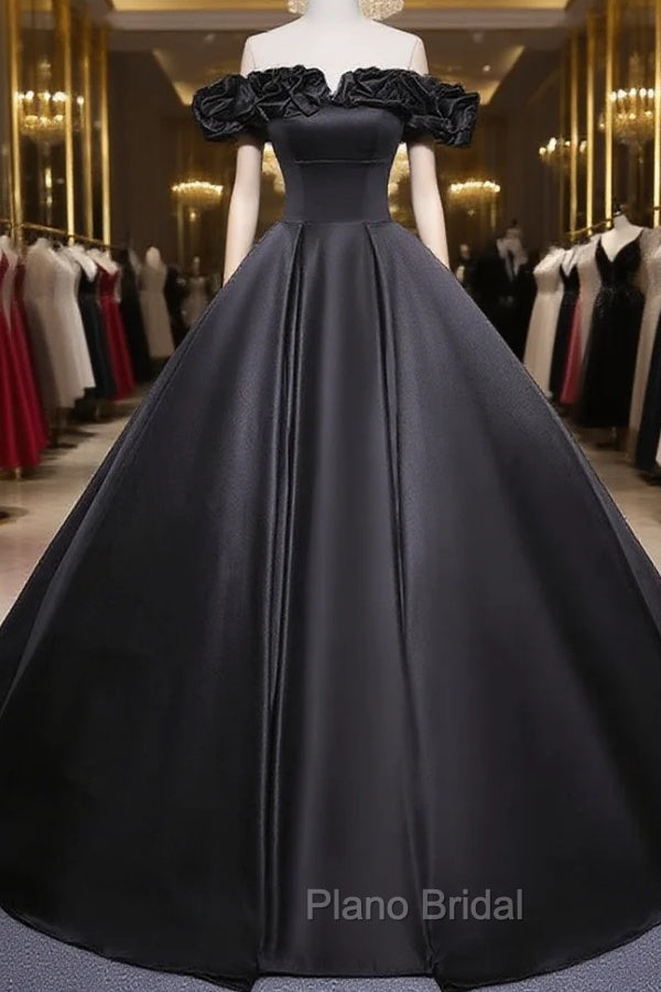 Black Off Shoulder Satin Long Formal Prom Dresses, Black Satin Evening Dresses Main image