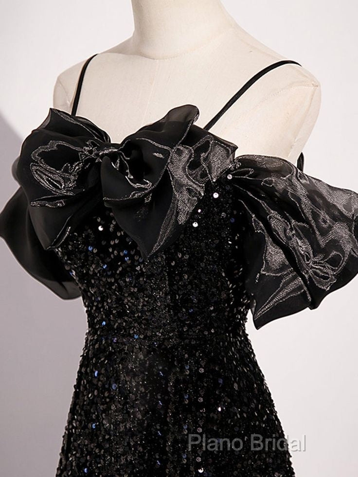 Black Off Shoulder Sequin Long Formal Prom Dresses Formal Dresses With Bow Knot Secondary image