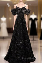 Black Off Shoulder Sequin Long Formal Prom Dresses Formal Dresses With Bow Knot