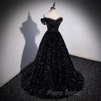 Black Off Shoulder Shiny Beaded Long Formal Prom Dresses A-line Black Evening Dresses Formal Prom Dresses shops