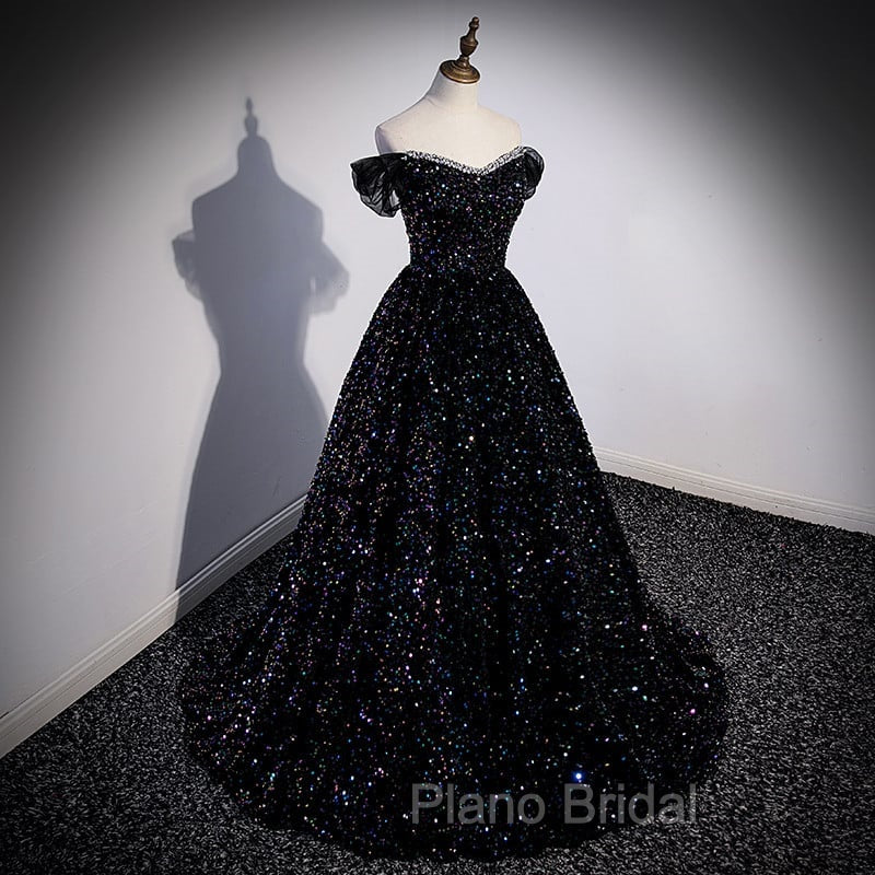 Black Off Shoulder Shiny Beaded Long Formal Prom Dresses A-line Black Evening Dresses Formal Prom Dresses shops