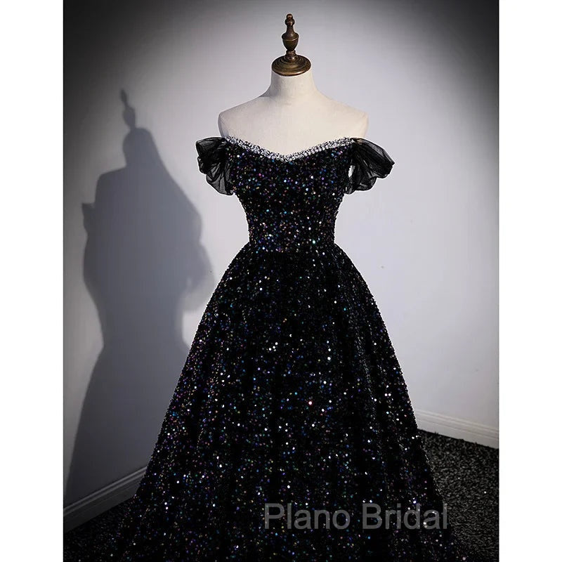 Black Off Shoulder Shiny Beaded Long Formal Prom Dresses A-line Black Evening Dresses Formal Prom Dresses shops