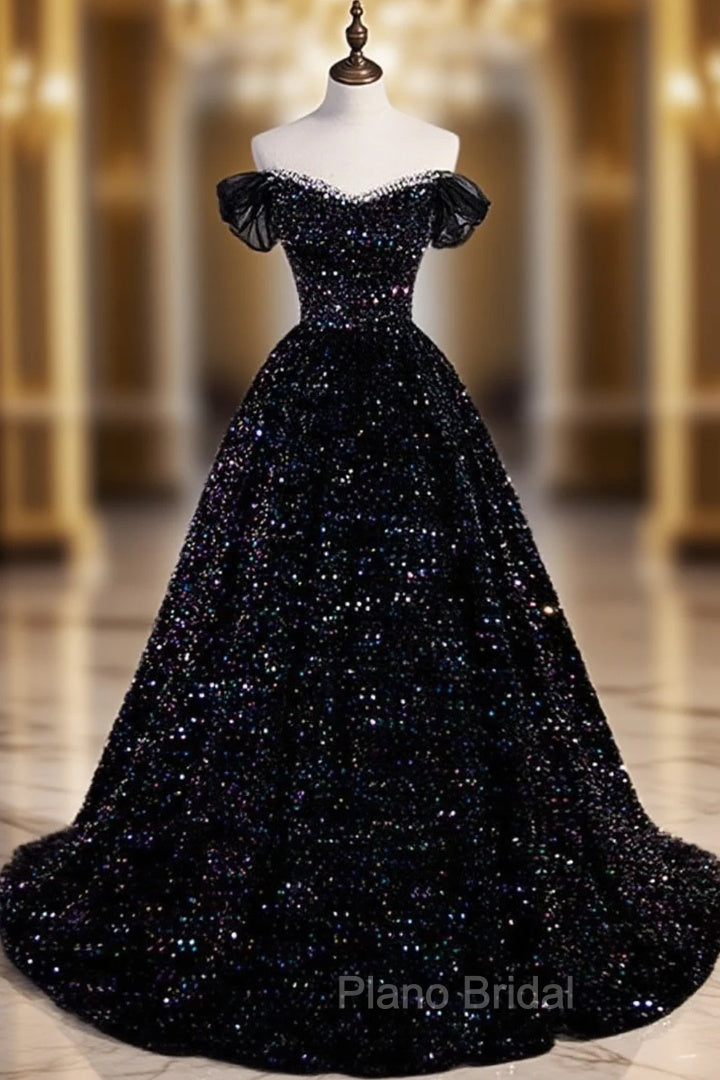 Black Off Shoulder Shiny Beaded Long Formal Prom Dresses A-line Black Evening Dresses Formal Prom Dresses shops Main image