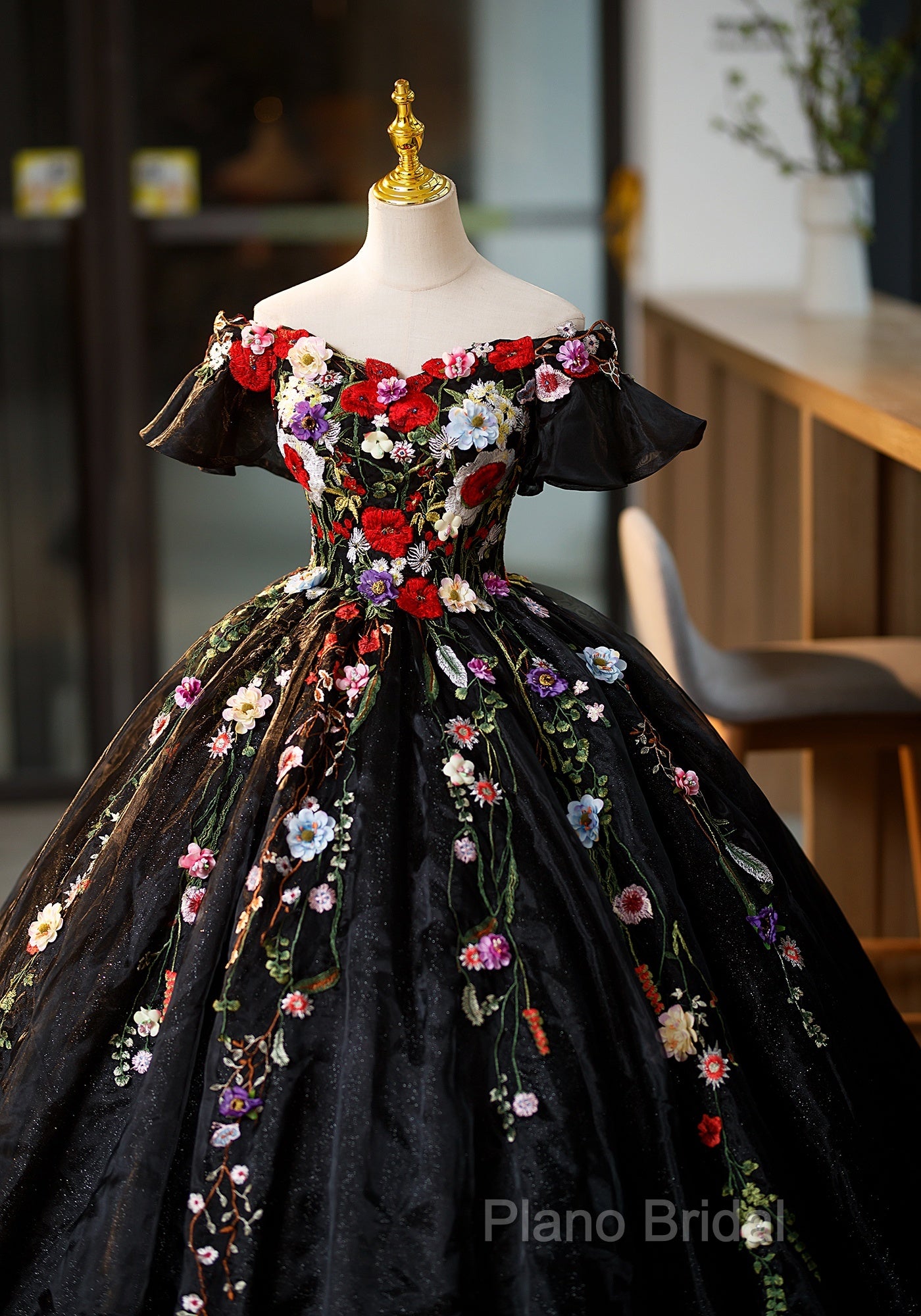 Black Off Shoulder Sweet 16 Dresses With Flowers, Black Ball Gown Formal Dresses Secondary image