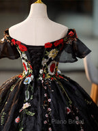 Black Off Shoulder Sweet 16 Dresses With Flowers, Black Ball Gown Formal Dresses