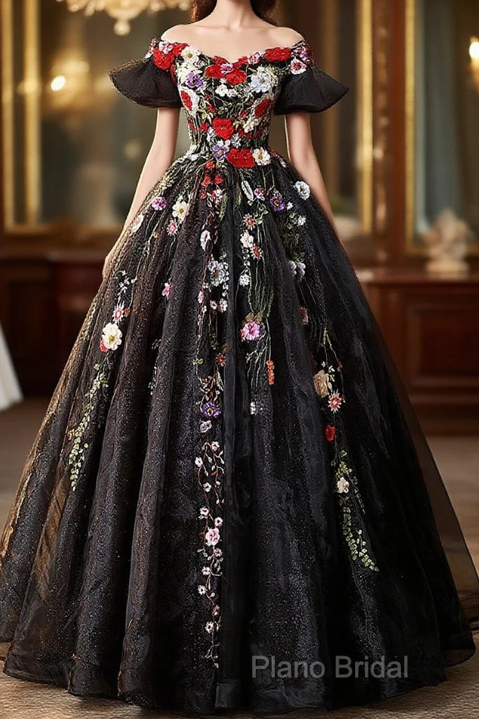 Black Off Shoulder Sweet 16 Dresses With Flowers, Black Ball Gown Formal Dresses Main image