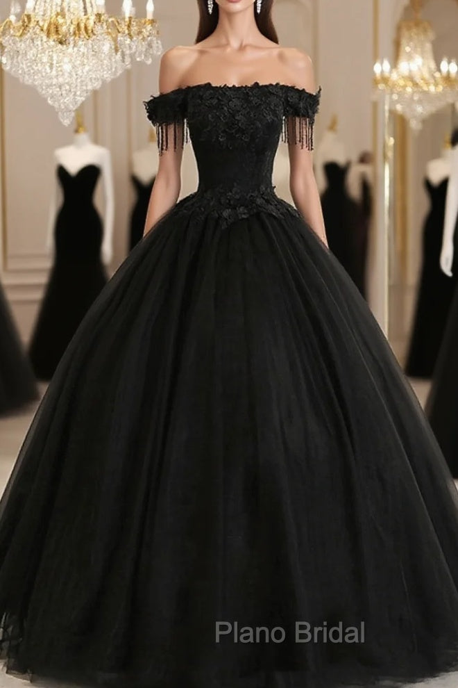 Black Off Shoulder Sweet 16 Formal Dresses with Lace Black Formal Dresses Formal Prom Dresses shops Main image