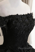 Black Off Shoulder Sweet 16 Formal Dresses With Lace, Black Long Formal Prom Dresses