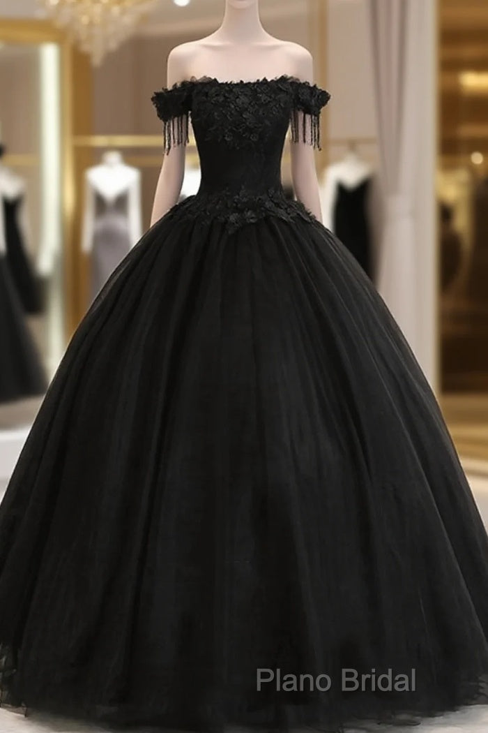 Black Off Shoulder Sweet 16 Formal Dresses With Lace, Black Long Formal Prom Dresses Main image