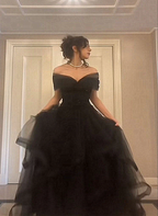 Black Off Shoulder Sweetheart Tulle Formal Prom Dresses, Black Tulle A-Line Party Dresses