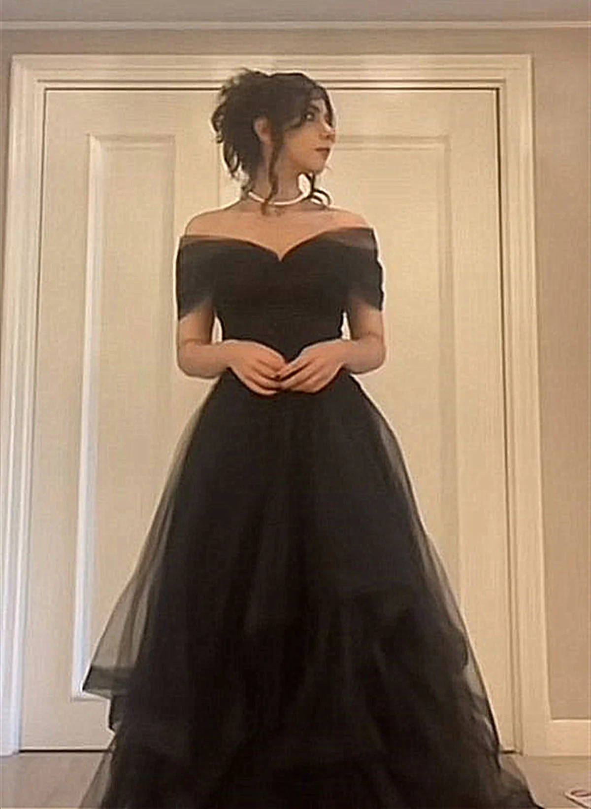 Black Off Shoulder Sweetheart Tulle Formal Prom Dresses, Black Tulle A-Line Party Dresses Main image