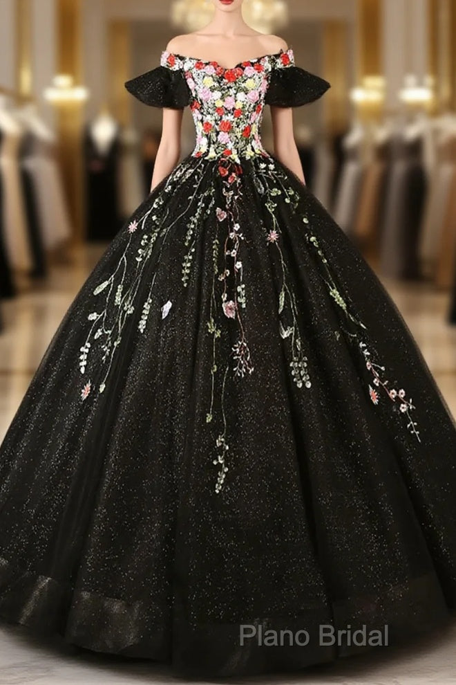 Black Off Shoulder Tulle Ball Gown Sweet 16 Dresses, Black Floral Formal Prom Dresses Party Dresses Main image