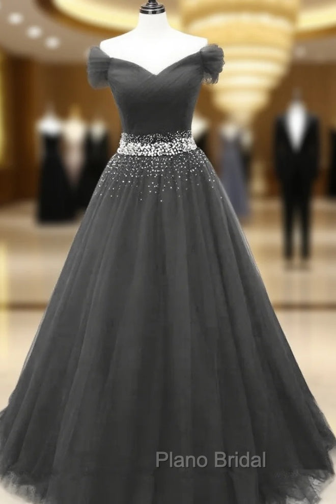 Black Off Shoulder Tulle Lace Beaded A-line Formal Prom Dresses, Black Junior Party Dresses Secondary image