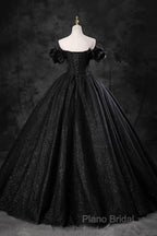 Black Off Shoulder Tulle Lace-Up Sweet 16 Dresses, Black Long Party Dresses Formal Prom Dresses