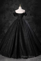 Black Off Shoulder Tulle Lace-Up Sweet 16 Dresses, Black Long Party Dresses Formal Prom Dresses
