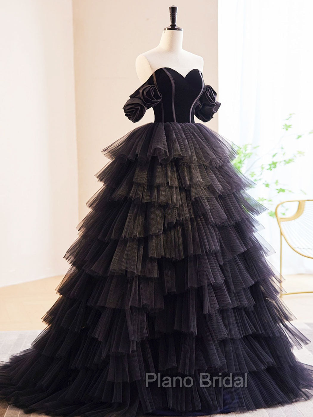 Black Off Shoulder Tulle Long Formal Prom Dresses, Black Formal Evening Dresses Secondary image