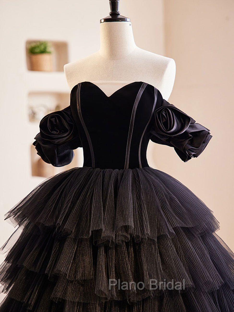 Black Off Shoulder Tulle Long Formal Prom Dresses, Black Formal Evening Dresses