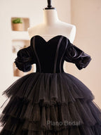 Black Off Shoulder Tulle Long Formal Prom Dresses, Black Formal Evening Dresses