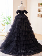 Black Off Shoulder Tulle Long Formal Prom Dresses, Black Formal Evening Dresses