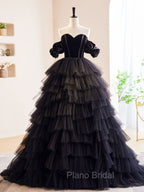 Black Off Shoulder Tulle Long Formal Prom Dresses, Black Formal Evening Dresses