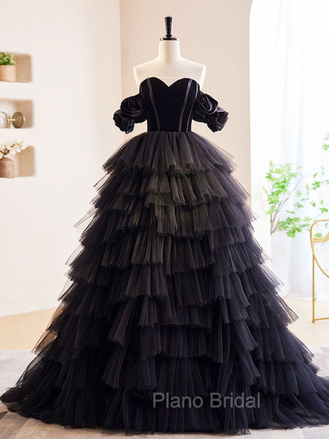 Black Off Shoulder Tulle Long Formal Prom Dresses, Black Formal Evening Dresses